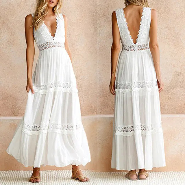 Sexy Deep V-Neck Lace Maxi Dress