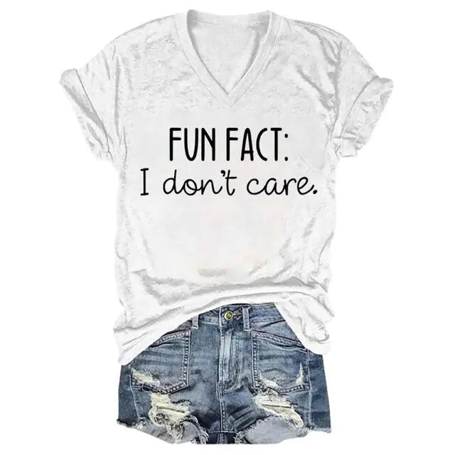 Rheaclots Women's "Fun Fact: I Don't Care" V-neck Short Sleeve T-Shirt