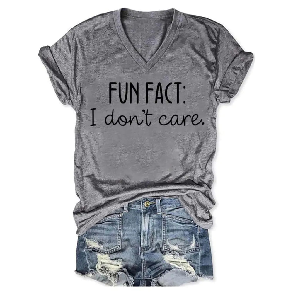 Rheaclots Women's "Fun Fact: I Don't Care" V-neck Short Sleeve T-Shirt